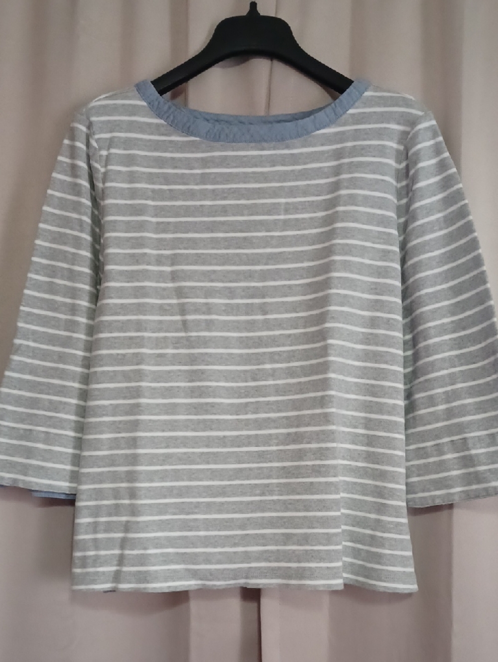 Nautica Gray White Stripe Cotton Boxy 3/4 Sleeve Boatneck Top Nautical Plus Size